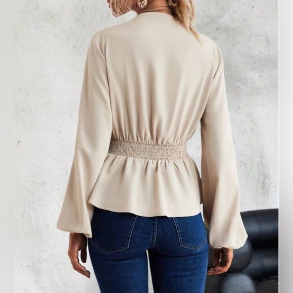 Beige Lantern Sleeve Peplum Blouse - Picture 2 of 5